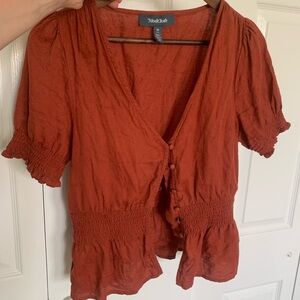 ModCloth Brick Red V-Neck Smocked Peplum Blouse
